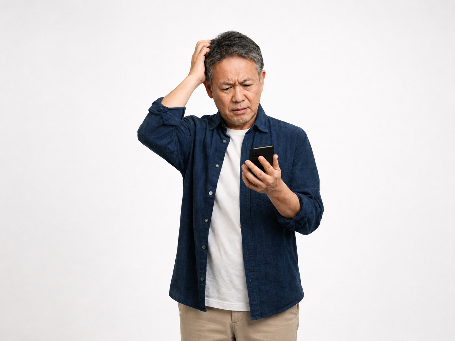 A confused older man scratching his head while looking at his smartphone