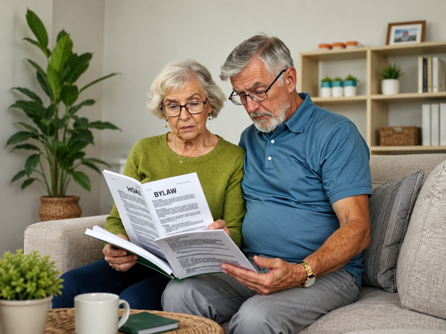 An older couple on a couch reading their HOA bylaws together