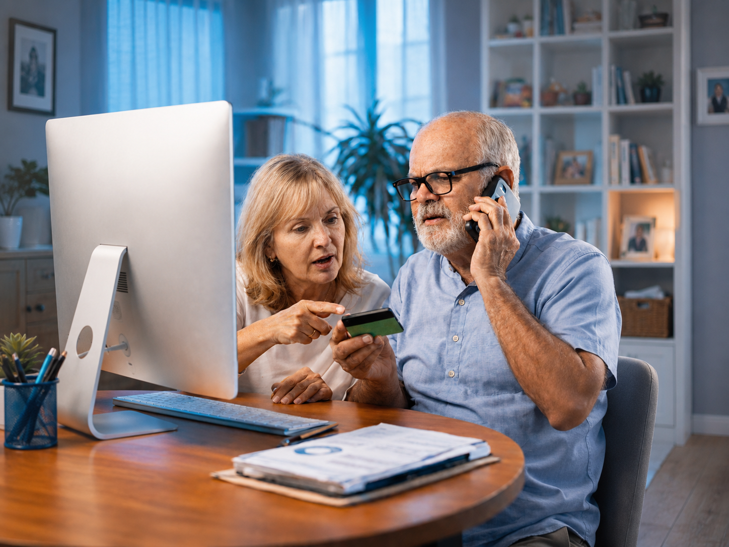 An older couple at a home computer, one on a phone call, looking at a credit card and wondering whether a request is a scam
